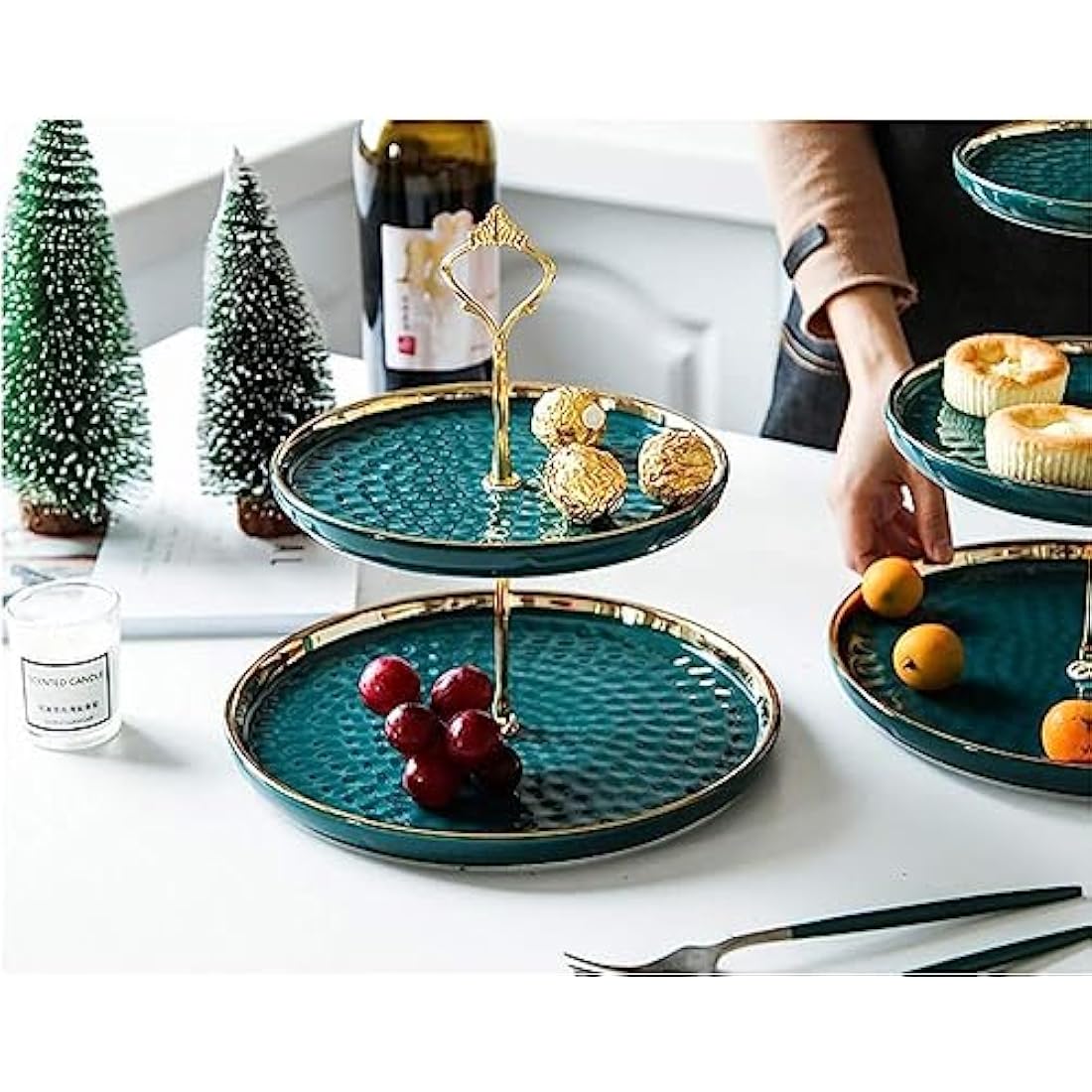 MEETOZ 2 Set of Round Porcelain Tiered Cupcake Stand, Dessert Plates Stand Tiered Serving Trays with Gold Rod, 3 Tiers and 2 Tiers Cake Stand Party Serving Trays Fruit Pastry Holders(Green)