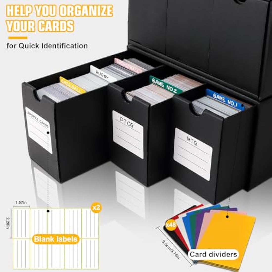 QLOUNI 12000+ Trading Card Storage Box,Card Storage Box with 48 Card Dividers, Labels and Tape,Trading Card Organizer for Collecting TCG,MTG, PTCG, Baseball Cards