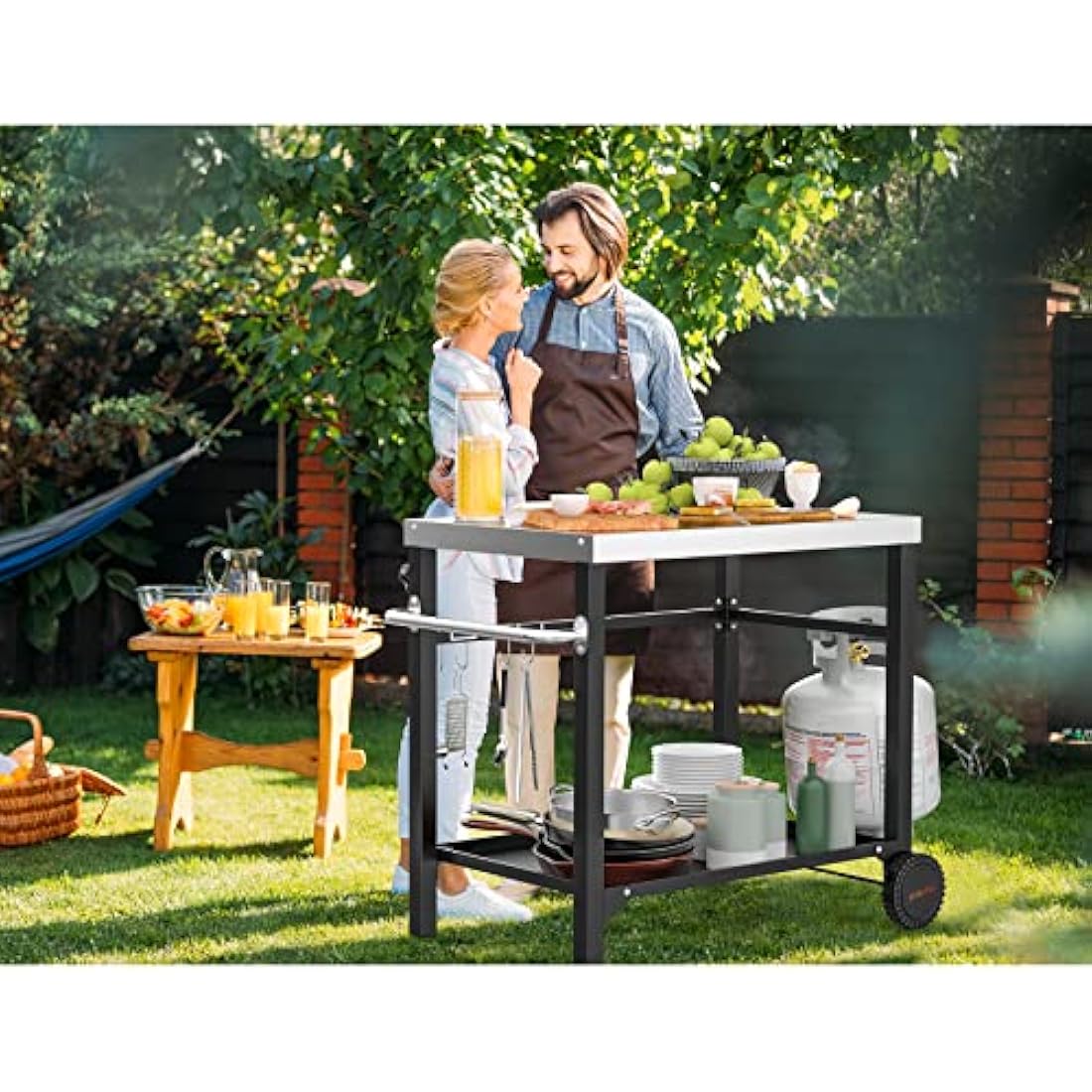 Onlyfire BBQ Serving Trolley Table, Stainless Steel Flattop Worktable, Double-Shelf with Utensil Holder for Outdoor Grilling and Cooking
