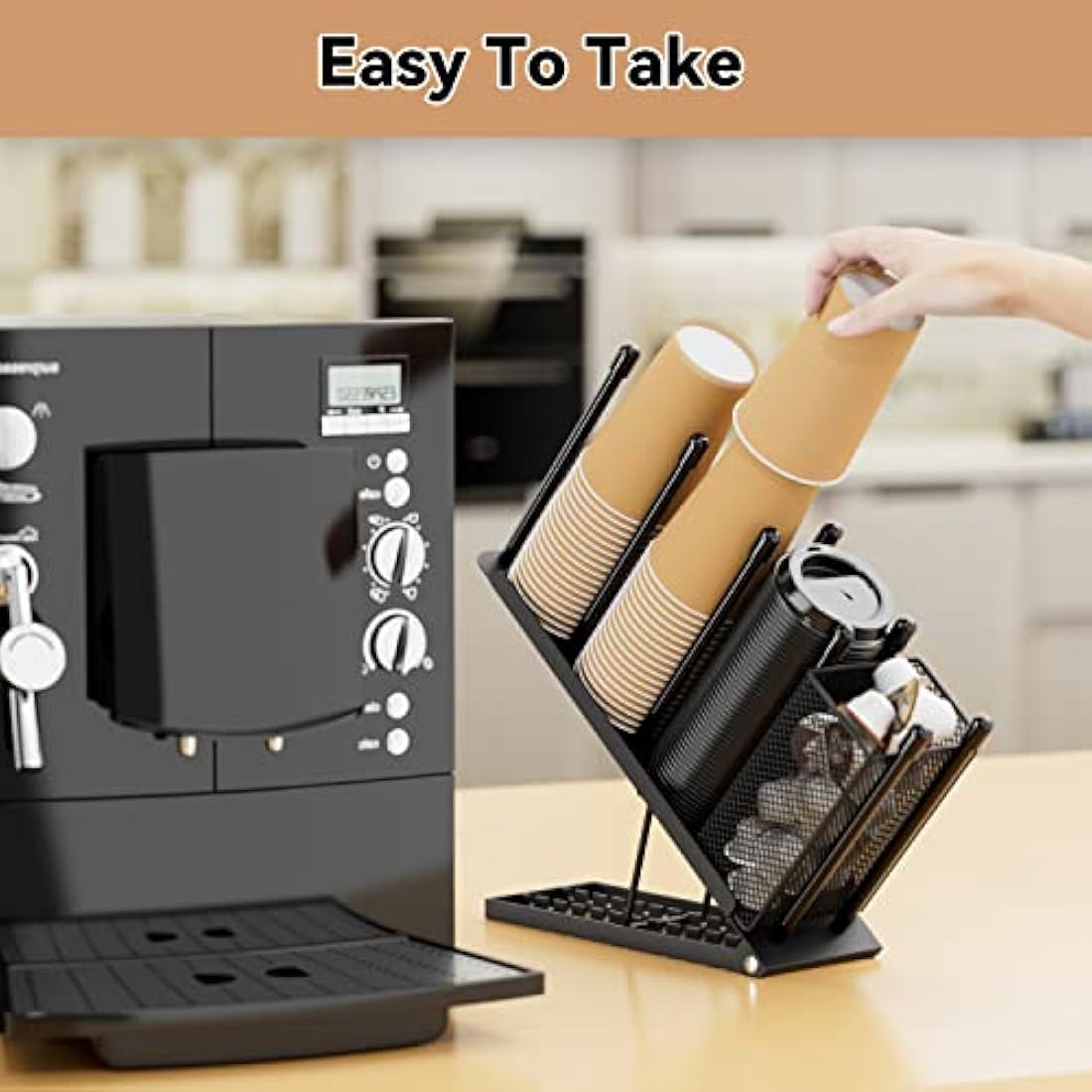 Ovicar Cup and Lid Holder - Adjustable 4 Compartment Disposable Cup Dispenser with Coffee Pod Straw Storage Basket for Bar Countertop Breakroom Metal Black