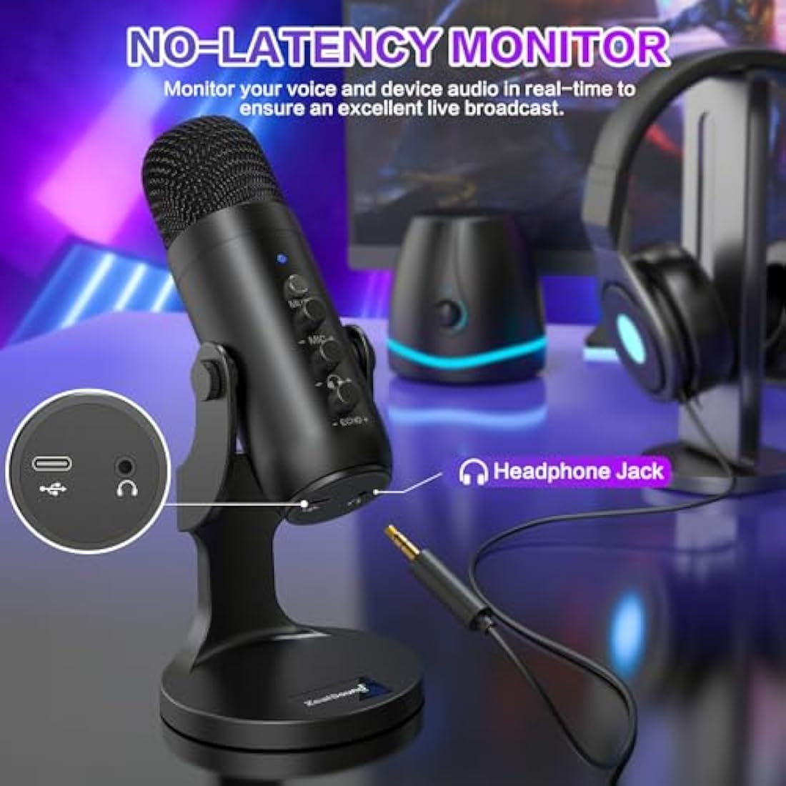 zealsound USB Microphone, PC Phone Podcast Mic, Condenser Gaming microphones for PS4&5, W/Quick Mute, Echo/Gain knob, Plug & Play for Streaming, Vocal Recording, ASMR, YouTube,Twitch on Mac Windows