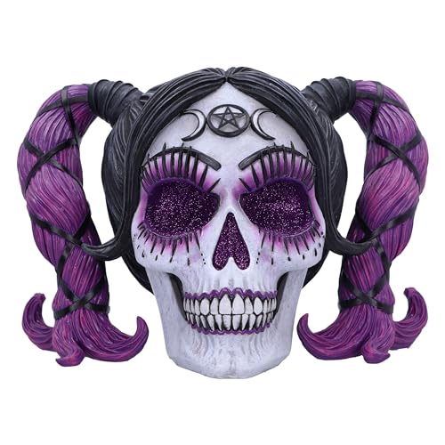 Nemesis Now Drop Dead Gorgeous Myths and Magic Figurine 20.5cm, Resin, Voodoo Doll Skull Ornament, Female Skull with Purple Hair and Glitter Eyes,