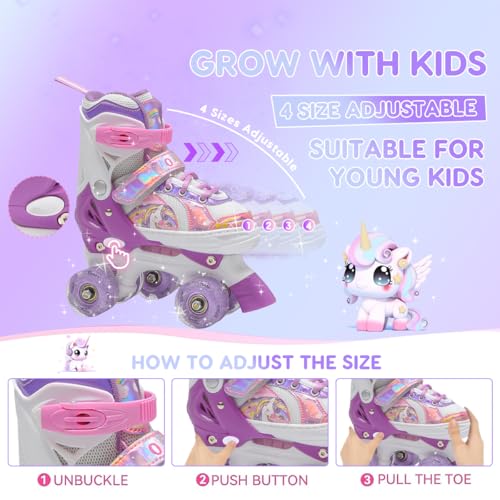 OLYSPM Kids Roller Skates,Roller Boots,4 Sizes Adjustable Quad Skates with 8 Flashing Wheels,Roller Skates for Girls,Boys and Beginner(Purple)
