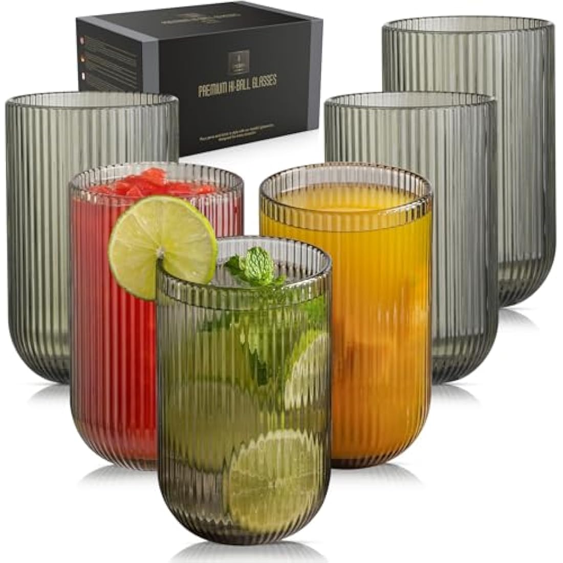 TKNO 6X 410ml Ribbed Highball Glasses Tall Hi Ball Glass Water Gin Juice Cocktail Drinking Glassware Origami Style Fluted Ripple Beverage Tumblers Set, Ideal for Home, Restaurant, Events & Parties