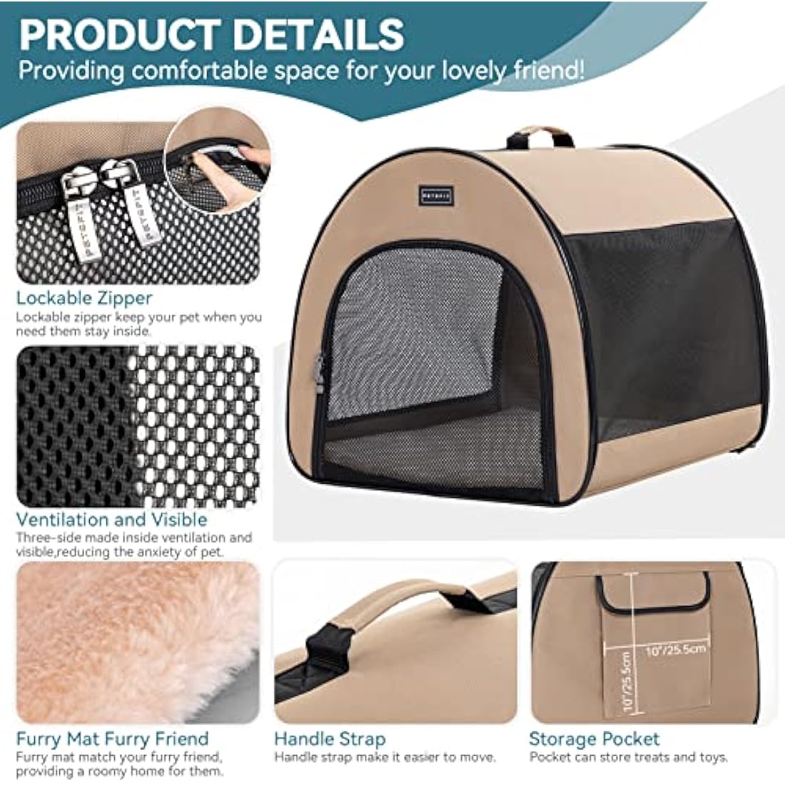 PETSFIT Soft Dog Crate, Cat Travel Carrier- 26.5 Inch Lightweight, Roomy, Easy to Set Up, Portable Pop Up Carrier with Thick Mat, Large Cat Carrier for 2 Cats，Sturdy Soft Sided Dog Crate, Khaki