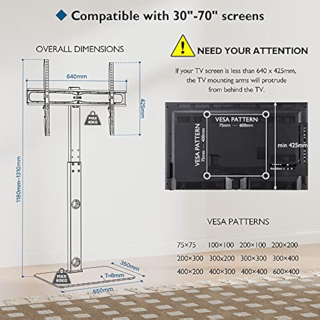 BONTEC TV Floor Stand for 30-70 inch LED LCD OLED Plasma Flat Curved TVs, Height Adjustable Tall TV Stand with Brackets up to 40kg, Max VESA 600x400mm