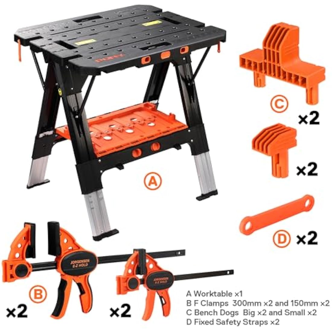 PONY 2-in-1 Folding Workbench, 227 kg Work Bench & 454 kg Saw Horse, 6 Adjustable Height Portable Work Table4 Quick Clamps, 4 Clamp Dogs & Tool Tray, 79 x 89 x 63.5 cm