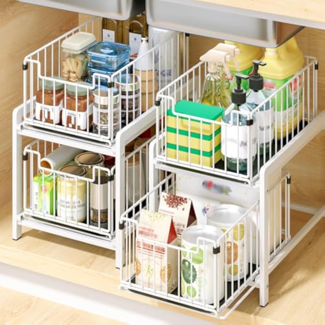 YunNasi Under Sink Storage 2-Tier Pull Out Sliding Basket for Cabinet Kitchen Cupboard Organiser Detachable Metal Storage Rack for Bathroom (Regular, WhiteWhite)