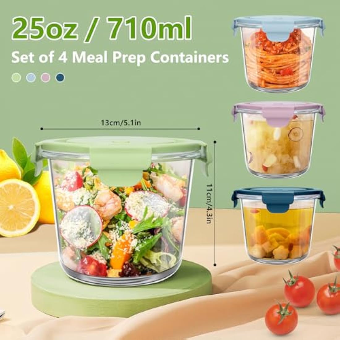 UHAPEER 710ml Glass Container with Lids, Meal Prep Bowls, Round Glass Food Containers, Soup Container to Go, for Soup, Lunch, Salad,Airtight Reusable Bowls, Food Storage Containers,Microwave Safe,4PCS