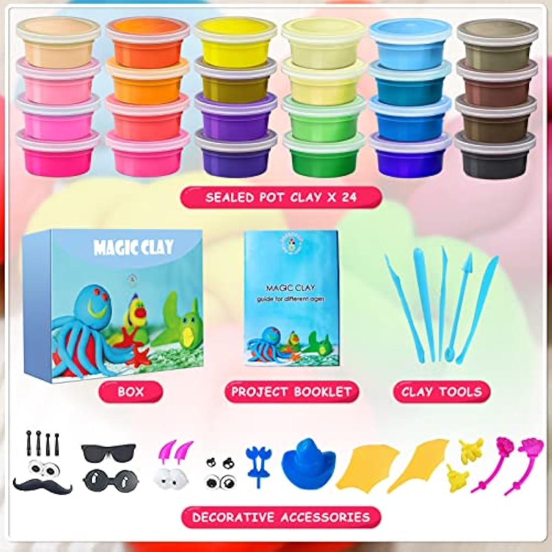 Modelling Clay Kit - 24 Colours Air Dry Magic Clay, DIY Molding Clay with Tools, Craft Kit for Kids Boys Girls, Presents Gift for Boys & Girls Age 3-12 Year Old