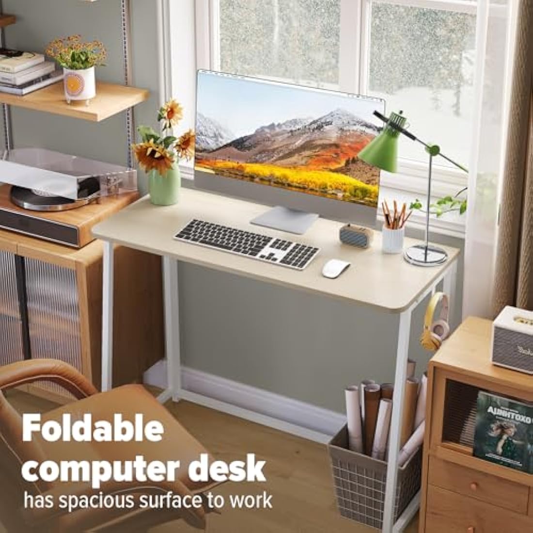 WOHOMO Folding Desk, Small Foldable Desk for Small Spaces, Space Saving Computer Table Writing Workstation for Home Office, Easy Assembly, Oak