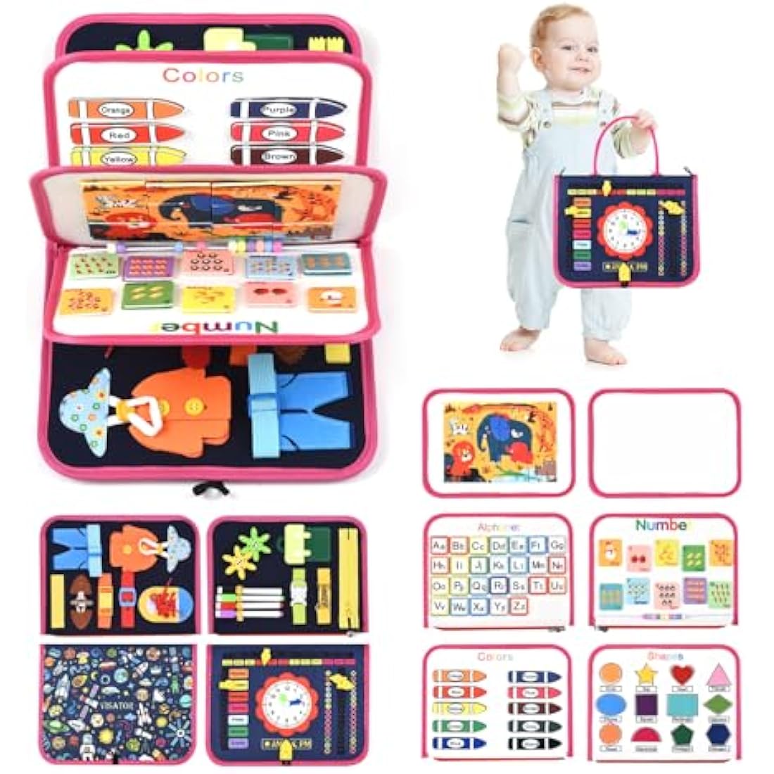 Busy Board Montessori Toys For 1 2 3 4 5 6 Year Old Girls Boys Sensory Toys For Toddlers Preschool Educational Learning Toys Activity Board For Fine Motor Skills Kids Gift Airplane Car Toy (Dark blue)