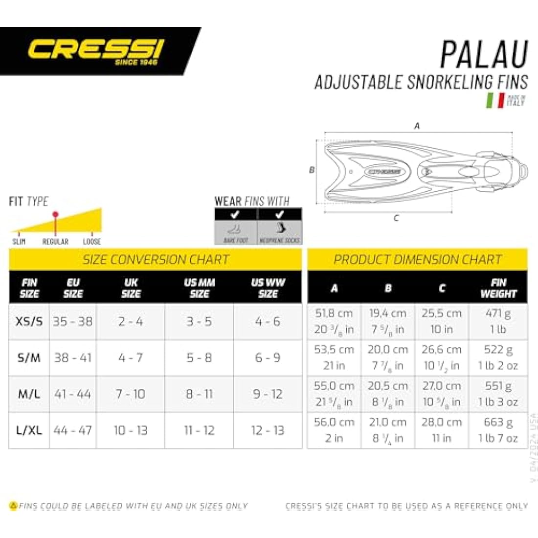 Cressi Snorkeling Adjustable Fins for All Family - Long Blade Versatile Open Heel Flippers | Palau LAF made in Italy