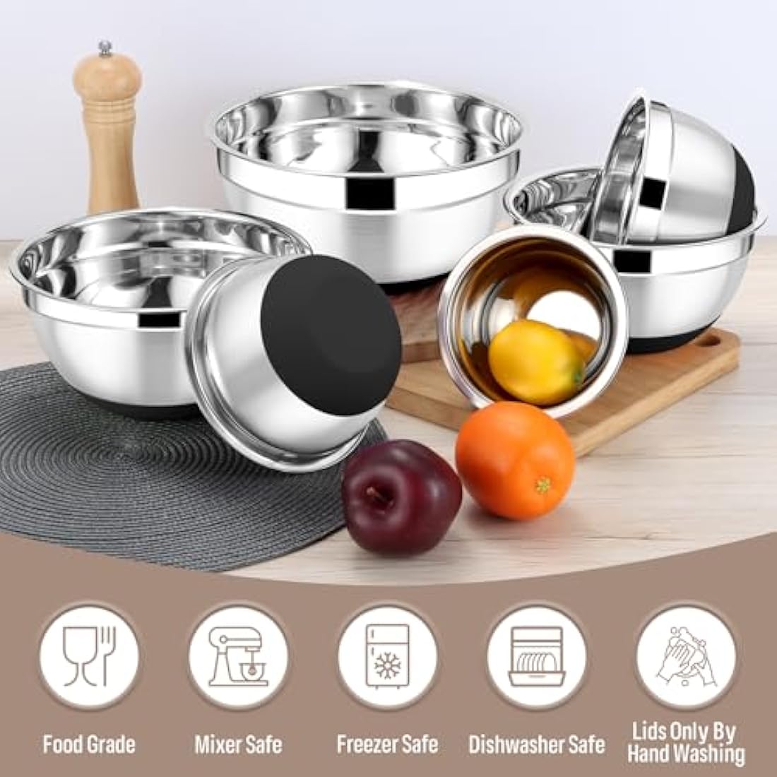Onader Stainless Steel Mixing Bowls, 6-Piece Metal Salad Bowl for Kitchen Baking Cooking Serving, Airtight Lids & 3 Graters & Silicone Bottom, Size 0.7/1.2/1.6/2.5/2.8/4.6QT - Black