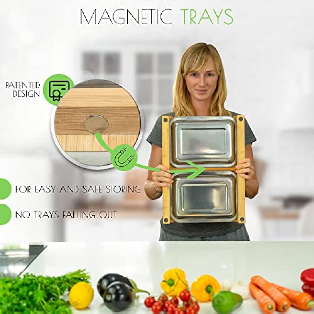 Naturlik Chopping Board Made of Bamboo Wood with 2 Magnetic Pull-Out Trays | Practical Kitchen aid: Waste to Left – Food to The Right
