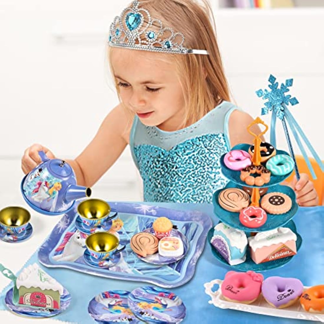 Toddlers Tea Set Frozen Toys Gifts for Girls 3 4 5 6 7 Years Frozen Elsa Tin Tea Party Set & Luxury Food Playset & Carry Case Princess Tea Time Kitchen Pretend Play Toys Princess Gift for Kids Girls