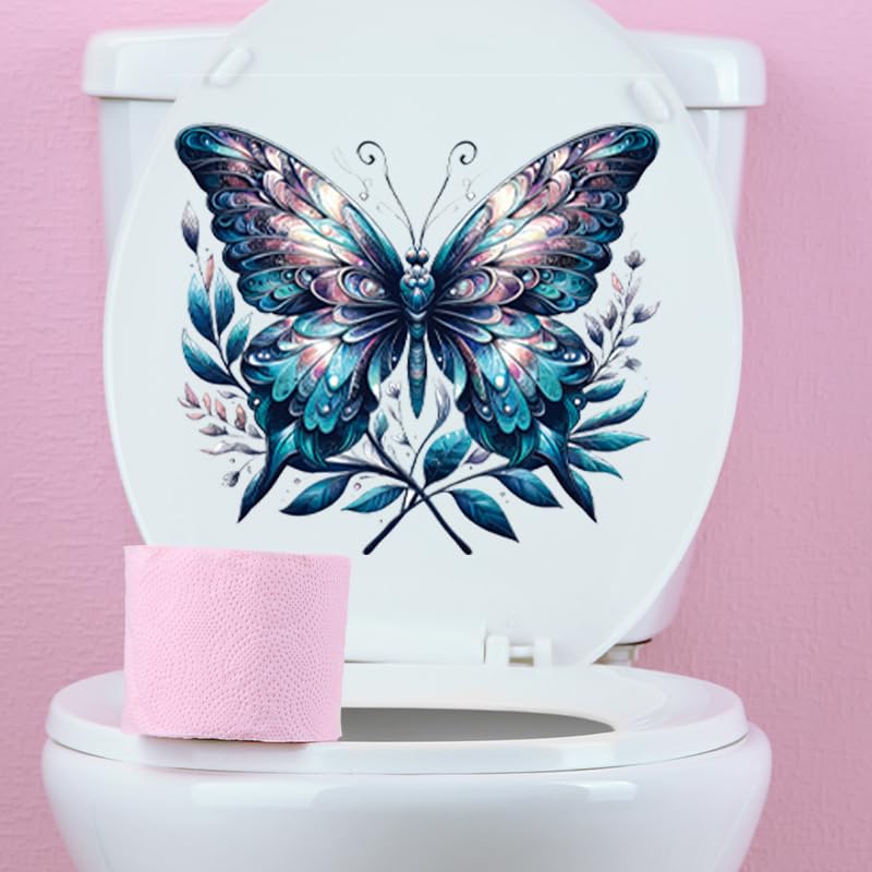 Colorful Butterfly Flower Toilet Cover Sticker Decals,Fish Bird Flower Leaf Waterproof Toilet Lid Tank Seat Decals Cistern Self-Adhesive Bathroom