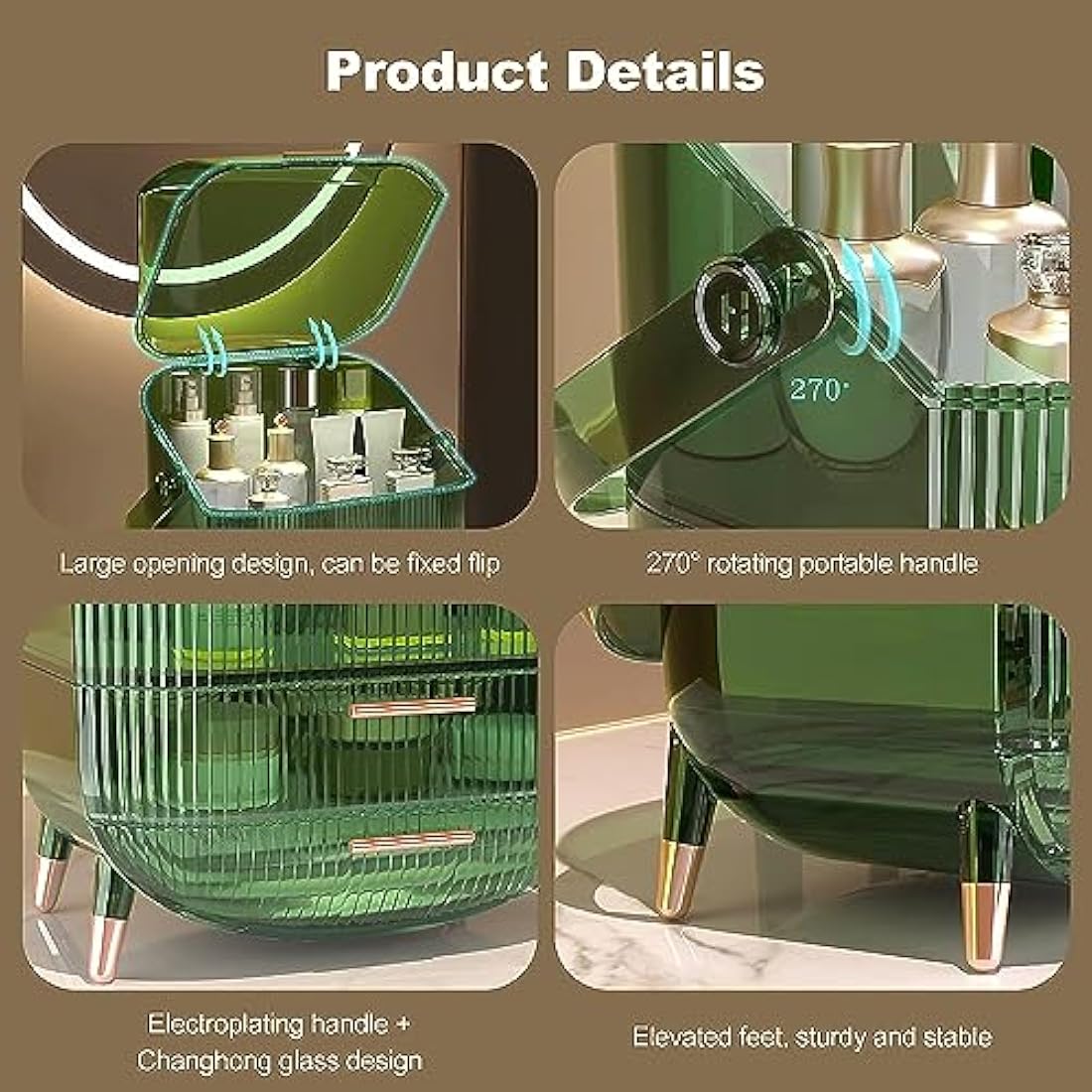 SIOOUI Makeup Organizer, 3 Layers Large Capacity Cosmetic Storage, Cosmetic Display Case with 2 Storage Drawers, Cosmetic Organizer for Bathroom Counter, Vanity Countertop, Bedroom (Clear Green)