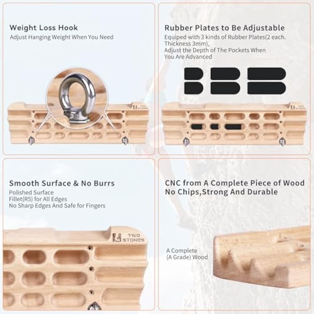 TWO STONES Hangboard Rock Climbing Hangboard with Phone Holder, Band Holder, Jugs, Pinches, Pockets, Edges and Slopes; Wood Hang Board for Climbing