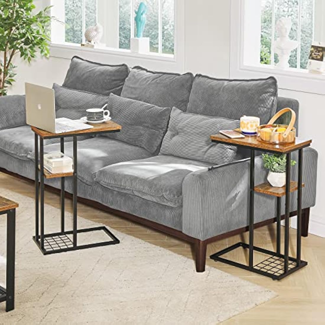 YMYNY C-Shaped End Table Set of 2, Side Table for Sofa and Bed, Coffee Table for Small Spaces, Living Room, Bedroom, Industrial Small Table with Storage Shelf and Metal Frame, Rustic Brown, HST004H-2