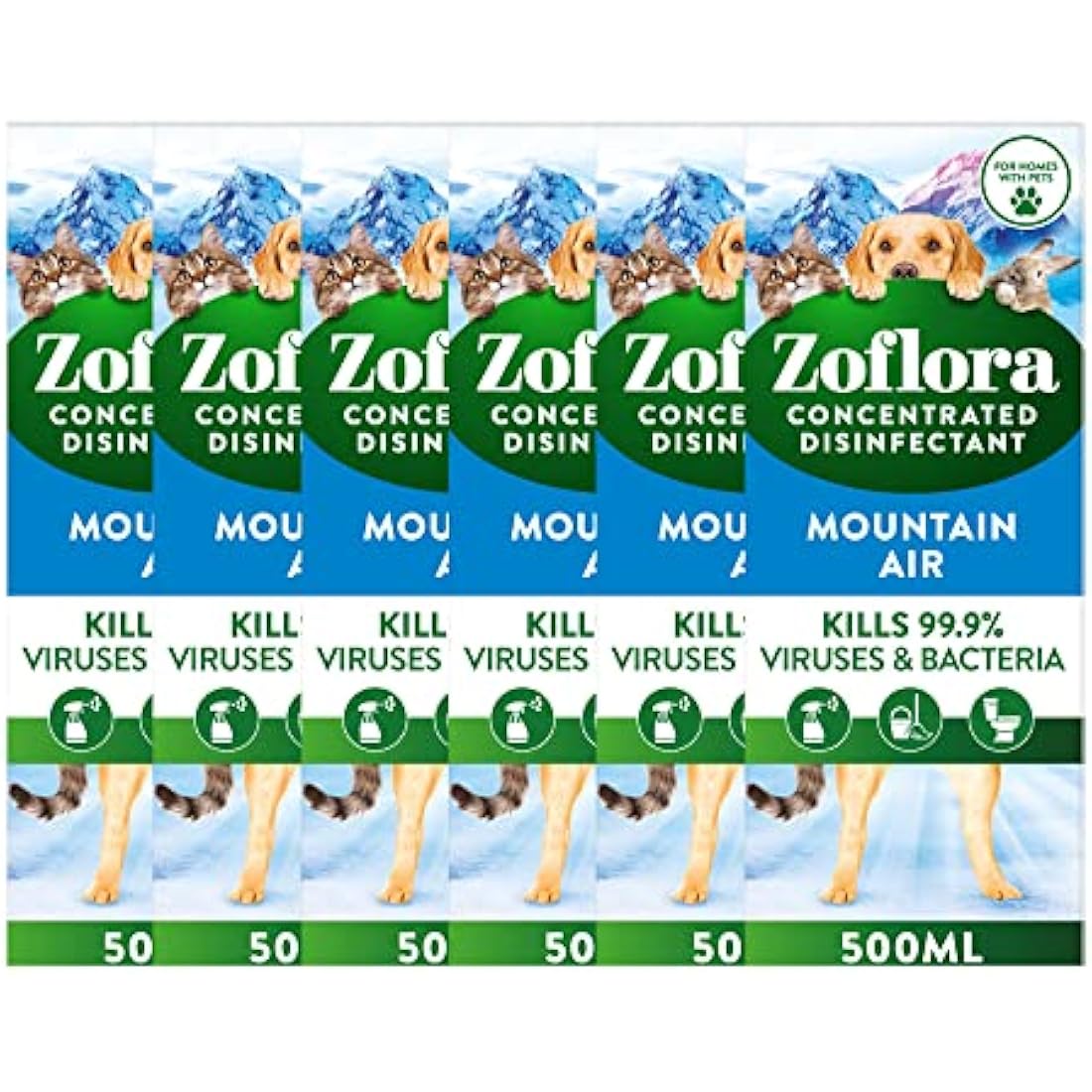 Zoflora Fresh Home Mountain Air Concentrated Disinfectant Liquid, Pack of 6 x 500ml,Pet-Safe Multi-Surface Cleaner, Antibacterial, Kills 99.9% of Germs