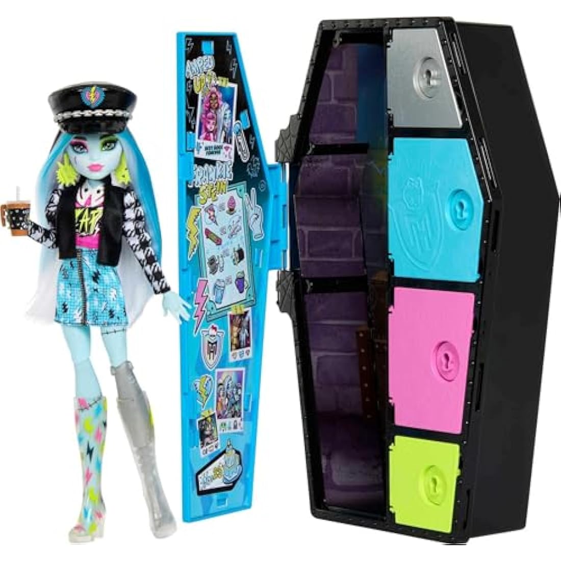 Monster High Doll and Fashion Set, Frankie Stein with Dress-Up Locker and 19+ Surprises, Skulltimate Secrets, HKY62