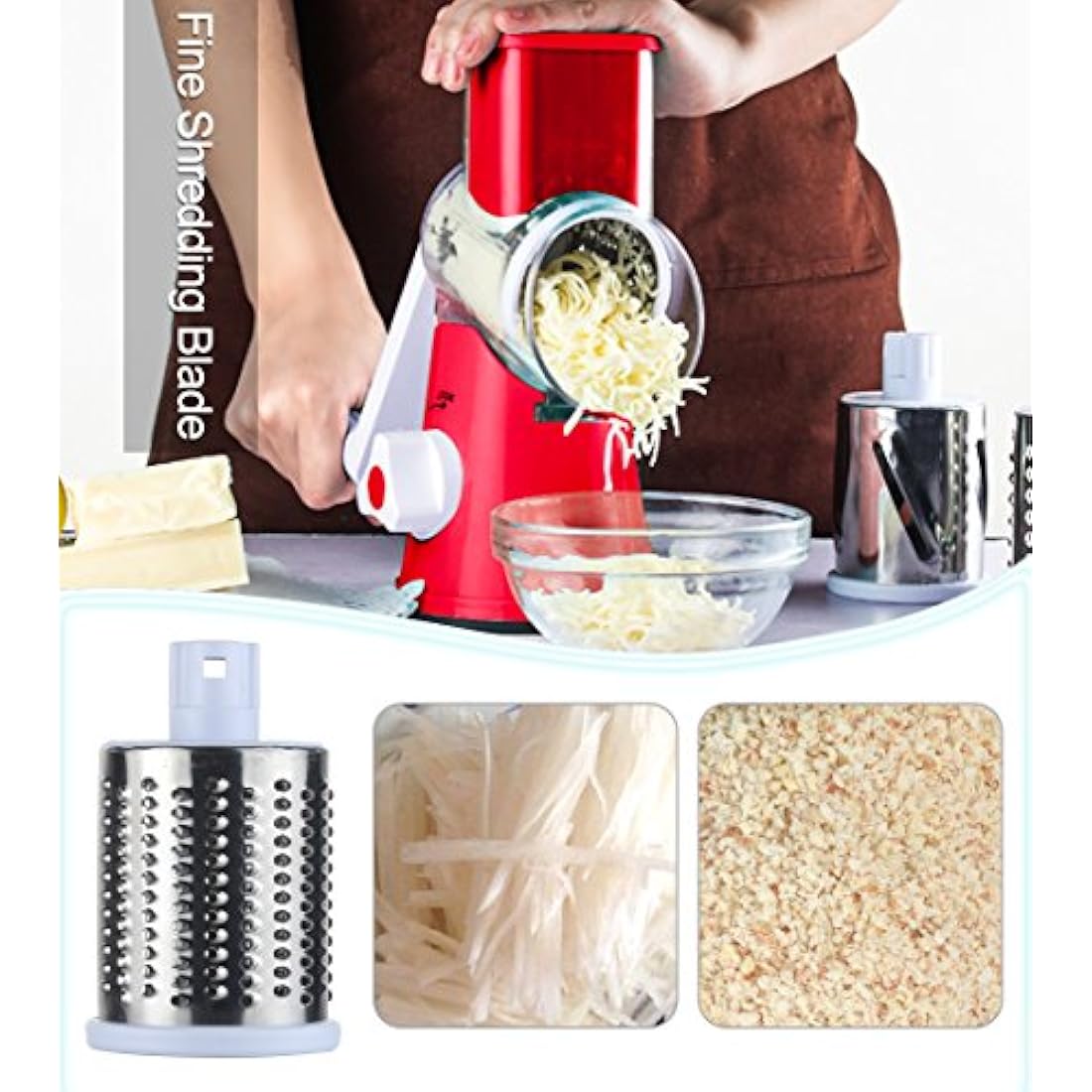 Ourokhome Vegetable Mandoline Slicer Chopper- Rotary Cheese Grater with 3 Interchangeable Ultra Sharp Cylinders Stainless Steel Blades（Red）