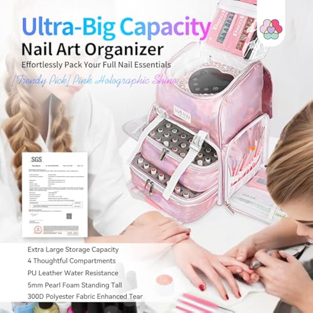 Saviland Nail Polish Organizer Bag: PU Leather Nail Kit Organizer Holds 70 Bottles (15ml-0.5 fl.oz) and Nail Lamp, Portable Nail Polish Storage Carrying Case Nail Organizers and Storage for Nail Tech