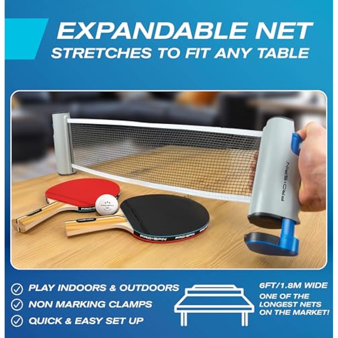 PRO SPIN Portable Table Tennis Set | Premium All-in-One Kit with Retractable Table Tennis Net for Any Table, Bats, 3-Star Ping Pong Balls & Storage Case | Great Gift & Indoor/Outdoor Game