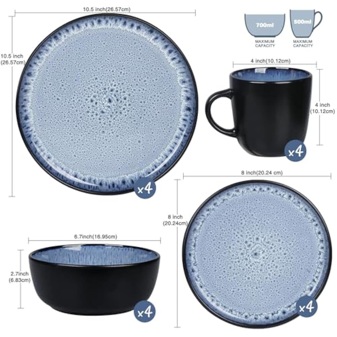 Greentainer Handmade Stoneware Dinnerware Set, Ocean Blue Dinner Set, 16-Piece Dinner Service Set with Dinner Plate, Dessert Plate, Bowl and Mug, Dishwasher & Microwave Safe, Service for 4