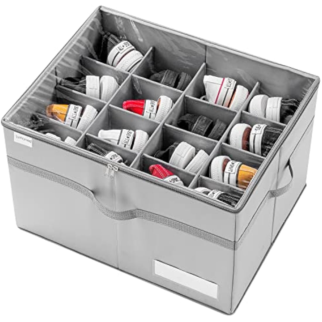 LUVHOMEE Shoe Organiser for Closet, Fits 16 Pairs, Large Shoe Box Storage Containers, Clear Foldable Shoe Storage Bins w/Bottom Support, Space Saving Shoes Holder w/Reinforced Handles, Grey