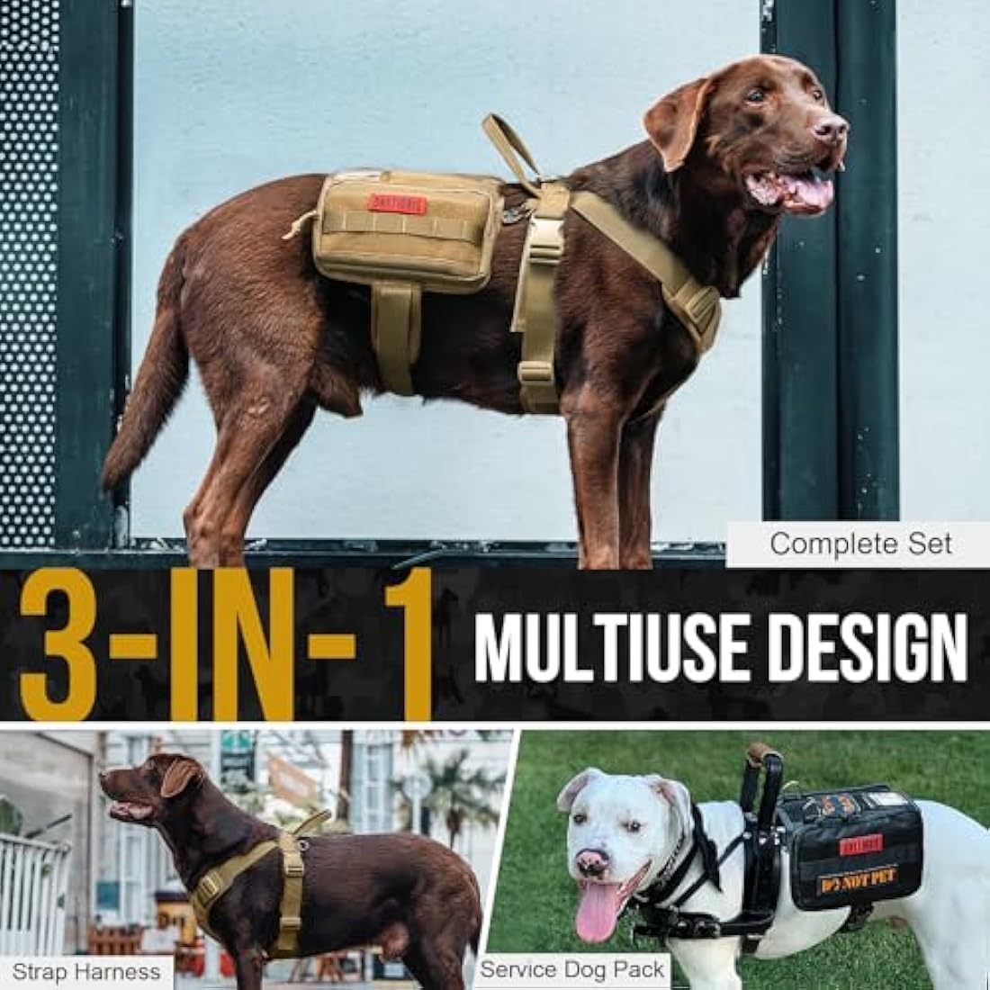 OneTigris Service Dog Vest Harness, Service Dog Cape Guardian Dog Molle Backpack with Pouches for Medium and Large Dogs (Brwon, M)