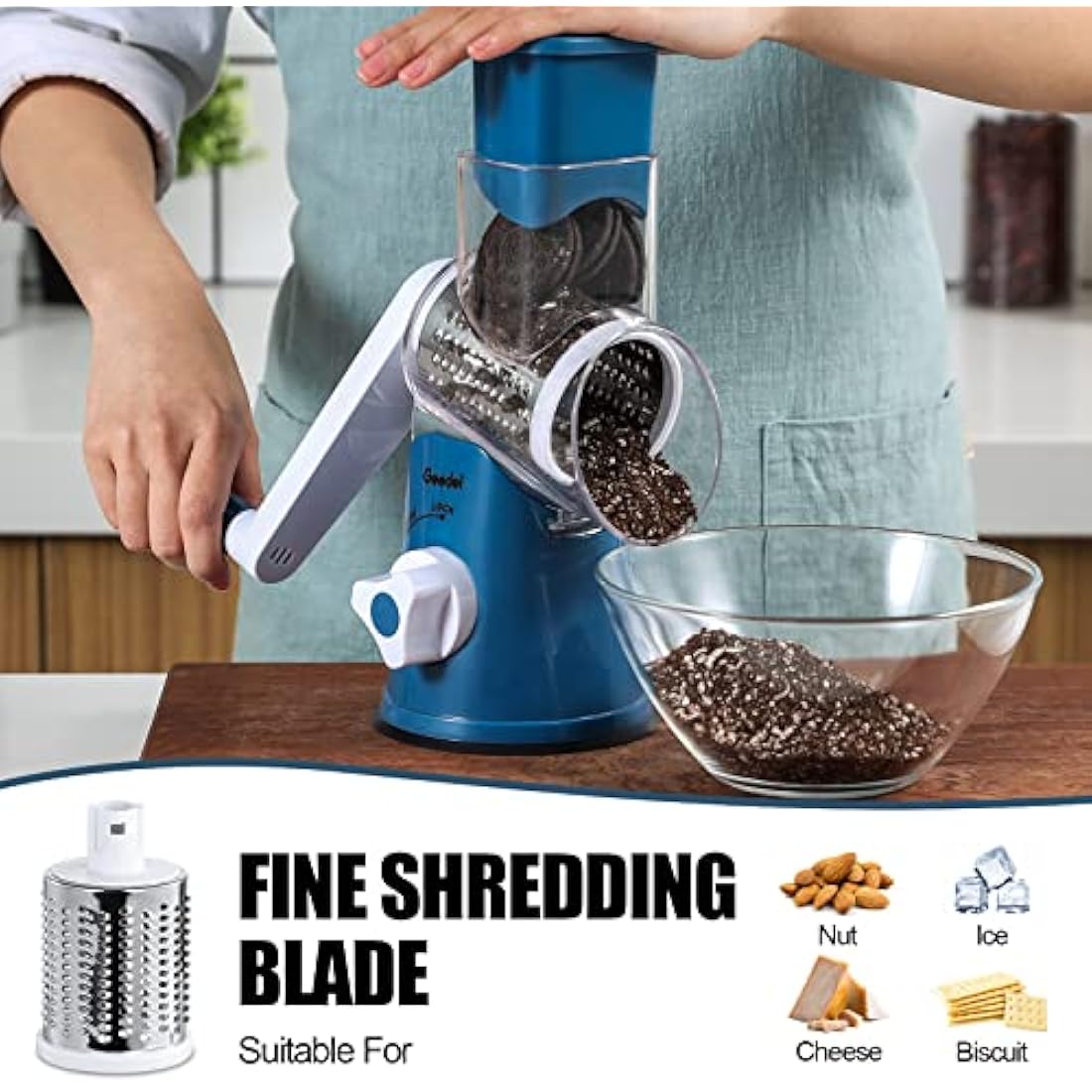 Rotary Cheese Grater, Vegetable Slicer with Three Drum Blades, Grater for Kitchen Faster and Easy Cutting, Rotary Drum Grater Ideal for Cheese, Cucumber, Carrot, Nuts, etc.