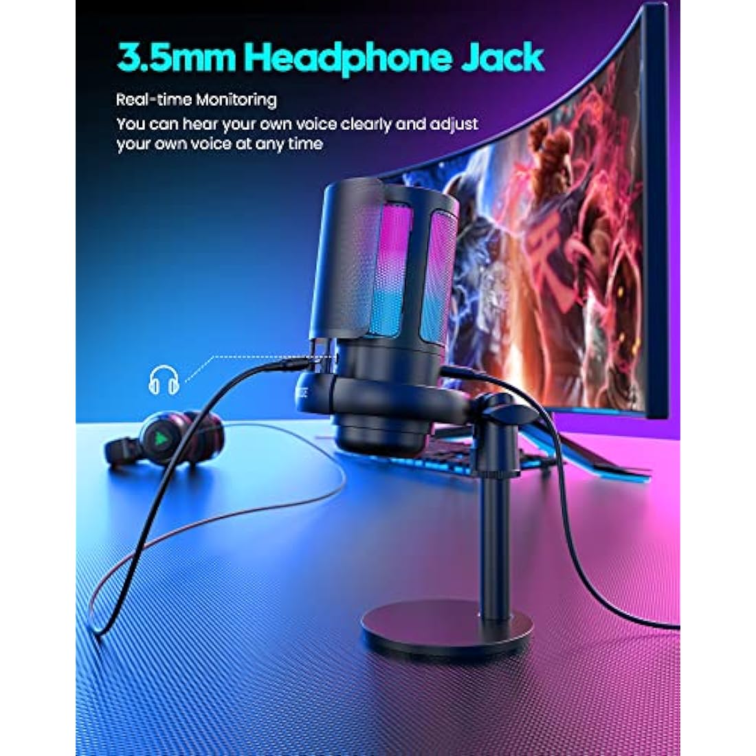 COCONISE Gaming Microphone, USB PC Mic for Podcasts Videos, Streaming, Condenser Mic with Quick Mute, Tripod Stand, Pop Filter, RGB Indicator, Shock Mount, Rotate gain button, Compatible with PS4/5/PC