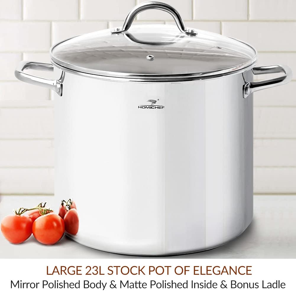 HOMICHEF Large Nickel Free Stainless Steel Stock Pot with Lid (31 cm, 22.5 Litre) - Mirror Polished Stock Pot with Lid - Heavy Soup Pot Large Cooking