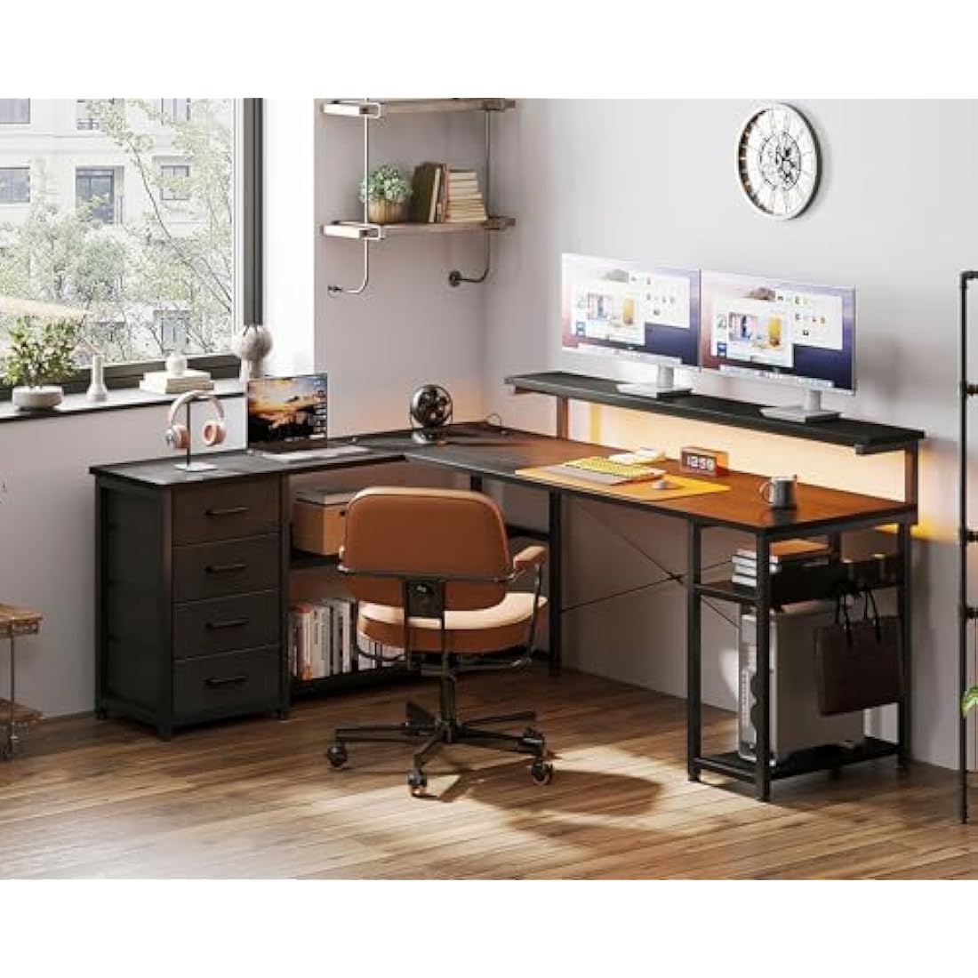 ODK Corner Desk with Drawers, L Shaped Gaming Desk with LED Lights & Power Outlets, Reversible Computer Desk for Home Office Workstation, Office Desks with Monitor Shelf, 135×110 cm, Black