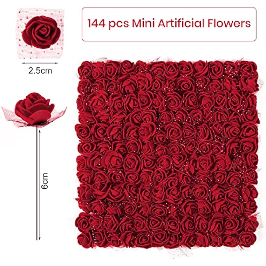 MWOOT Dark Red Roses Artificial Flower Heads, 144Pcs Mini Foam Roses for Crafts, Small Fake Roses Flower for DIY Wedding Halloween Party Festival Valentine's Day Decoration, 2.5CM Faux Flower Heads