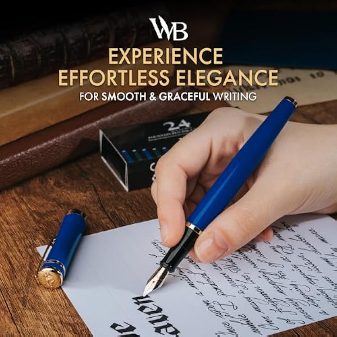 Wordsworth & Black Fountain Pen Set, 18K Gilded Broad Nib, Includes 24 Pack Ink Cartridges, Ink Refill Converter & Gift Box, Gold Finish, Calligraphy, [Imperial Blue], Perfect for Men & Women