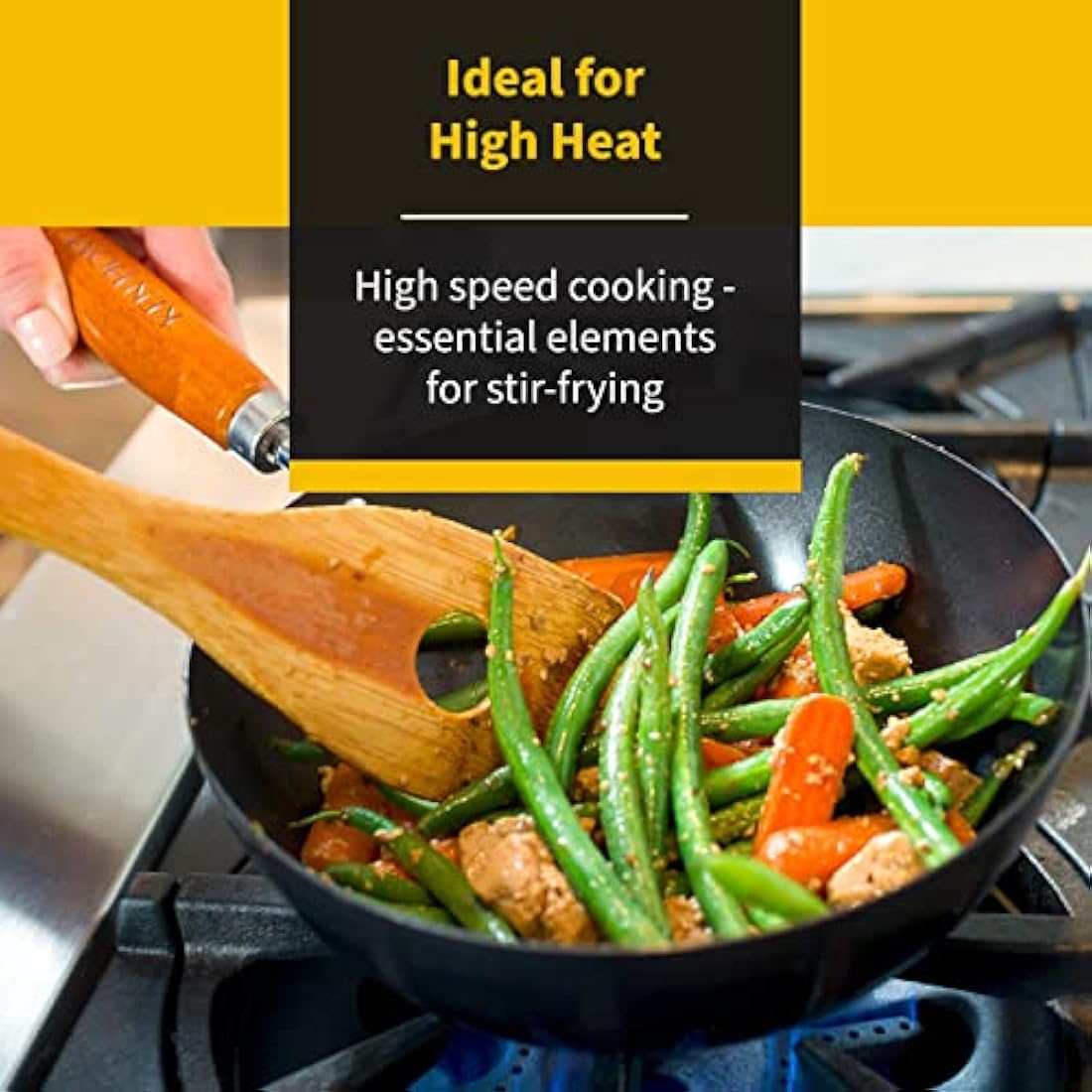 Ken Hom Carbon Steel Wok, 31cm, Classic, Non-Induction/Wooden Handle/Flat Base Pan, Includes 1 x Chinese Wok Pan, KH331001