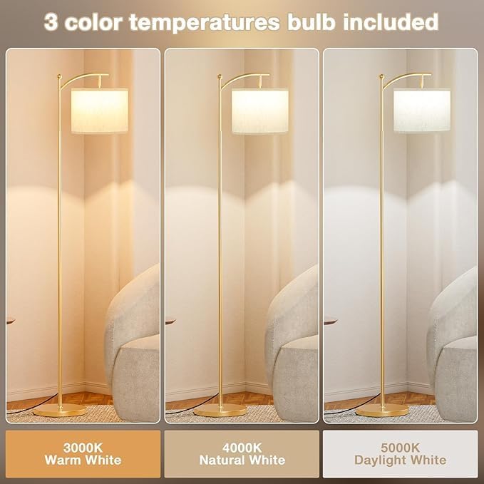 Aooshine Floor Lamps for Living Room with 3 Color Temperatures, Adjustable Tall Standing Lamp with Off White Shade and Gold lamp Hole(Bulb Included)
