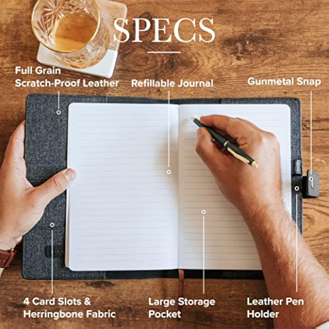 CASE ELEGANCE Black Full Grain Premium Leather Refillable Journal Cover with A5 Lined Notebook - Scratch-Proof DURA-Leather