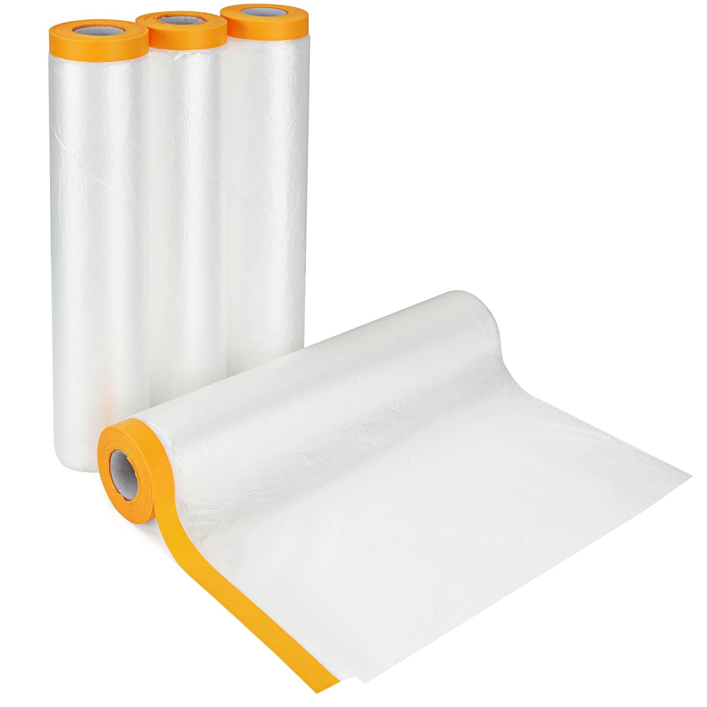 YAYODS 4 Pack Plastic Dust Sheet Rolls, 2.4M x 20M Masking Film Rolls with Self-Adhesive Tape, Transparent Pre-Taped Masking Film for Painting