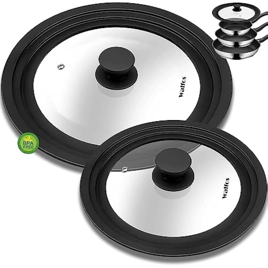 Universal Lid for Pots, Pans and Skillets - Tempered Glass with Heat Resistant Silicone Rim and Fits 16/18/20cm and 24/26/28cm Diameter Cookware（2Pcs）