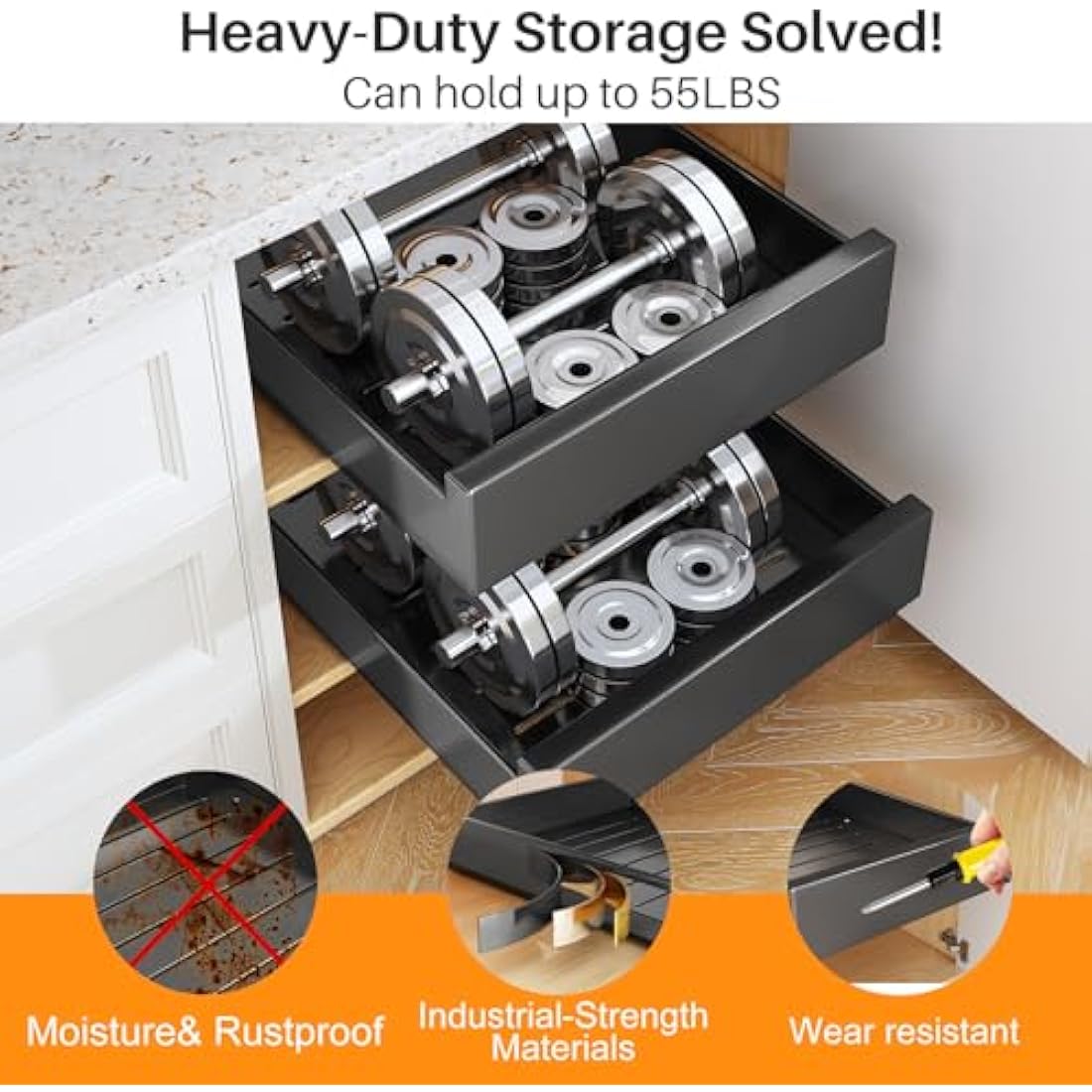 SAYZH Pull Out Cabinet Organiser, Heavy Duty Slide Out Drawer Storage Shelves for Kitchen Cupboard, Extendable Sliding Drawer(43 CM Depth x 25 CM Width x 9CM Height), No Need Drill(Black)