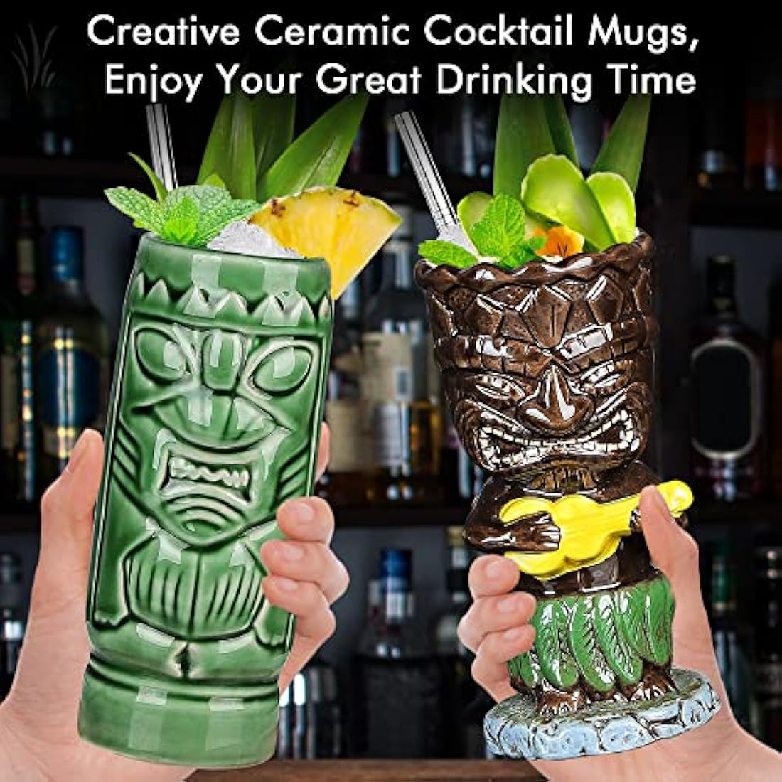 Tiki Glasses for Cocktails Tiki Mugs Set of 4 Ceramic Tropical Cups Hawaiian Tiki Party Creative Cocktail Glass Drinks Large Bar Drinkware Premium Tropical Exotic Cute Barware 4 Packs