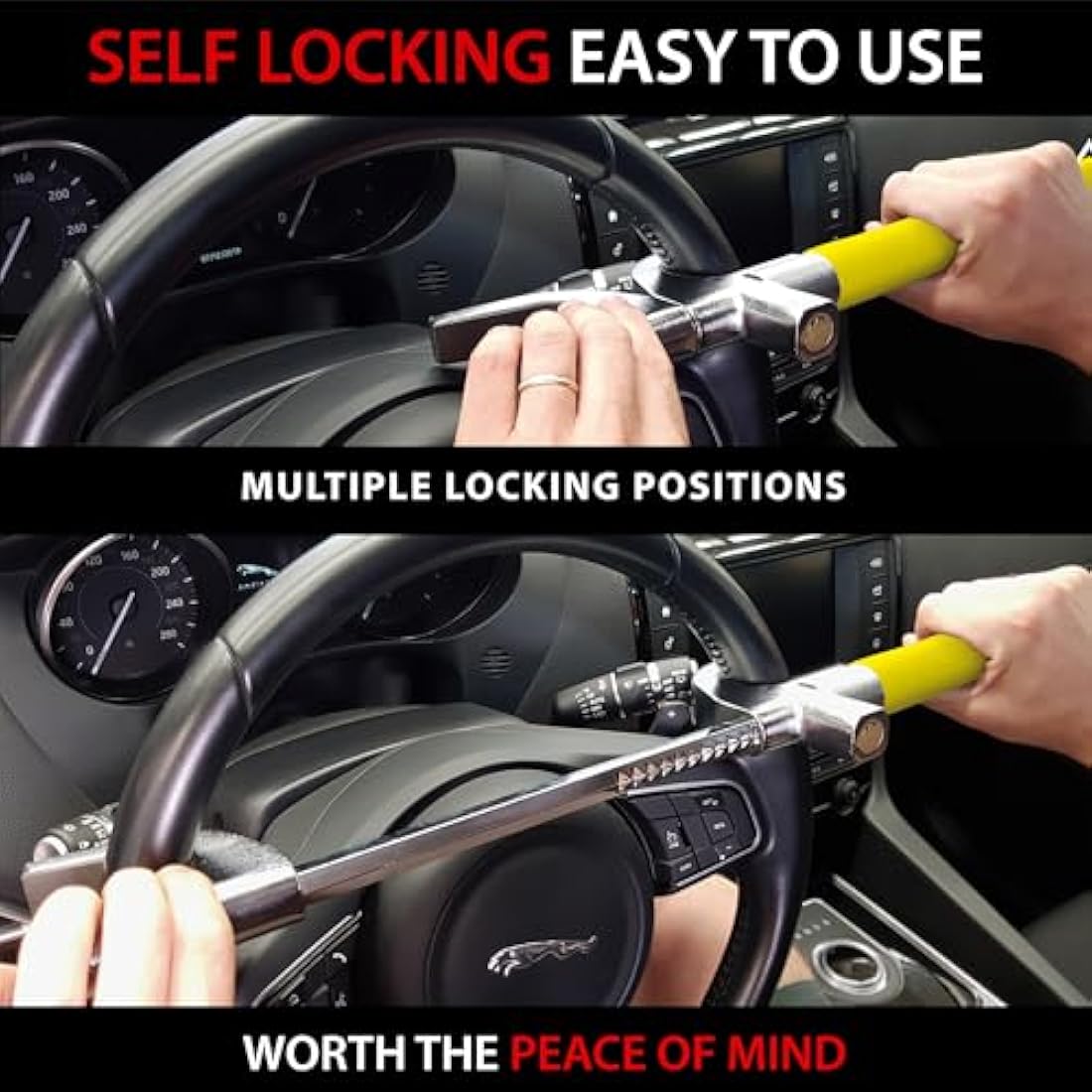 KRASER WA839Y Steering Wheel Lock High Security Bar, More Visible, Deterrent, Adjustable Double Hook Locking, Emergency Hammer, Universal Anti Theft Lock for Car, Truck, Van, Camper, Golf Cart