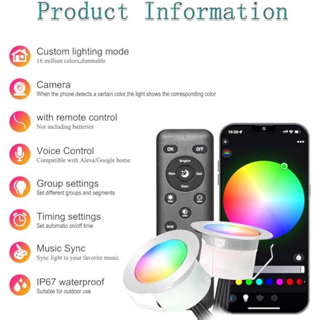 GEYUEYA Home LED Decking Lights RGB Ø45MM 12V 0.5W WiFi LED Decking Patio Lighting for Terrace Kitchen Outdoor Indoor Lamps with Remote Control - 6 Packs