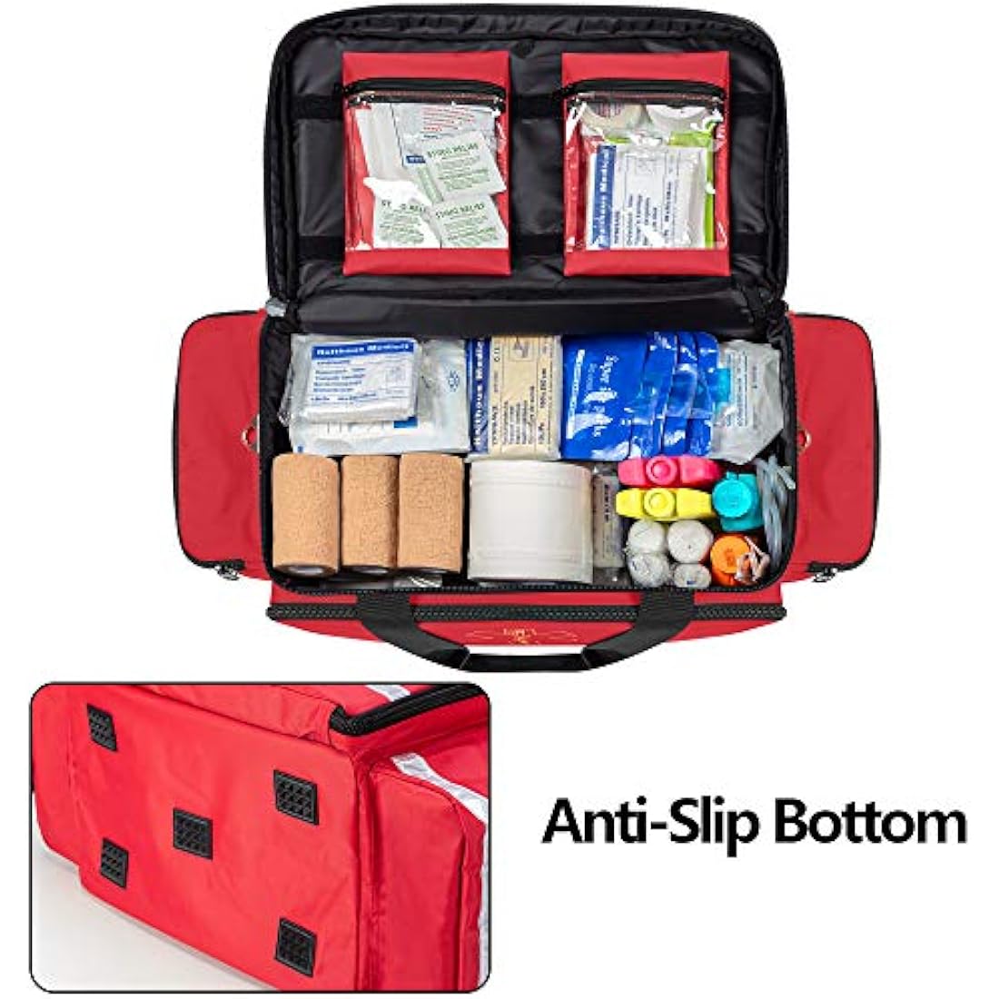 Trunab Emergency Responder Trauma Bag Empty, Professional Large First Aid Bag Medical Bag with Inner Dividers and Non-Scratch Bottom, Ideal for EMT, EMS, Paramedics, Red, Bag Only, Patented Design