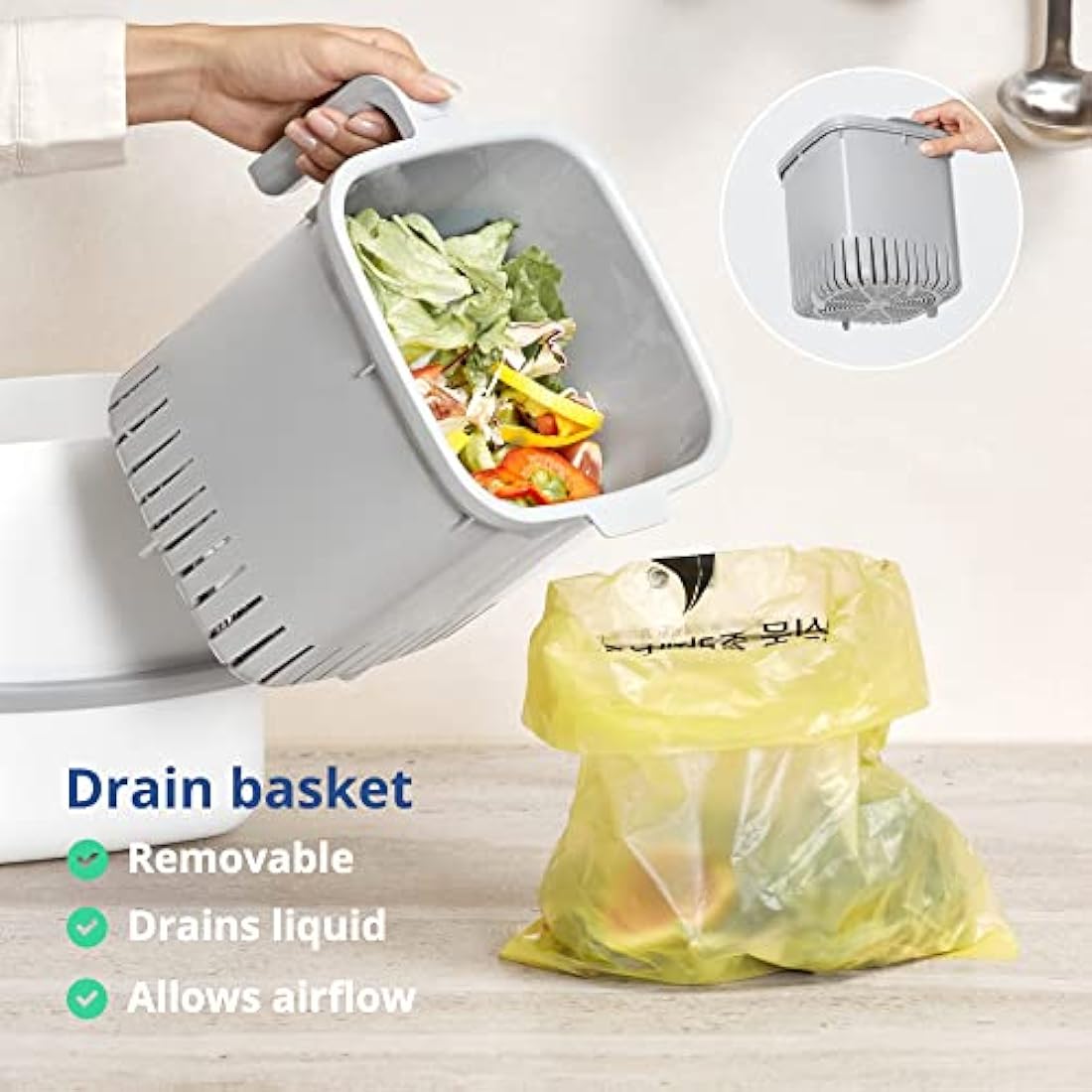 BLUE GINKGO Kitchen Compost Bin [5L] – Filter-Free, Odor-Tight Countertop Food Waste Pail with Handles (Made in Korea, Grey)
