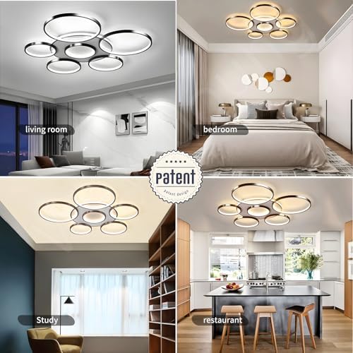 LED Ceiling Light | Modern 7-Rings Living Room Ceiling Lamp | black Round Circle 120W/Ø110cm | Bedroom Ceiling Lamps Fixture | 2800K-6000K Dimmable With Remote Control | Restaurant Indoor Ceiling Lamp